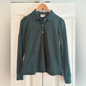 Tuckernuck‎ NWT Women's June Bug Polo Green Cotton Top Sz Small Puff Long Sleeve